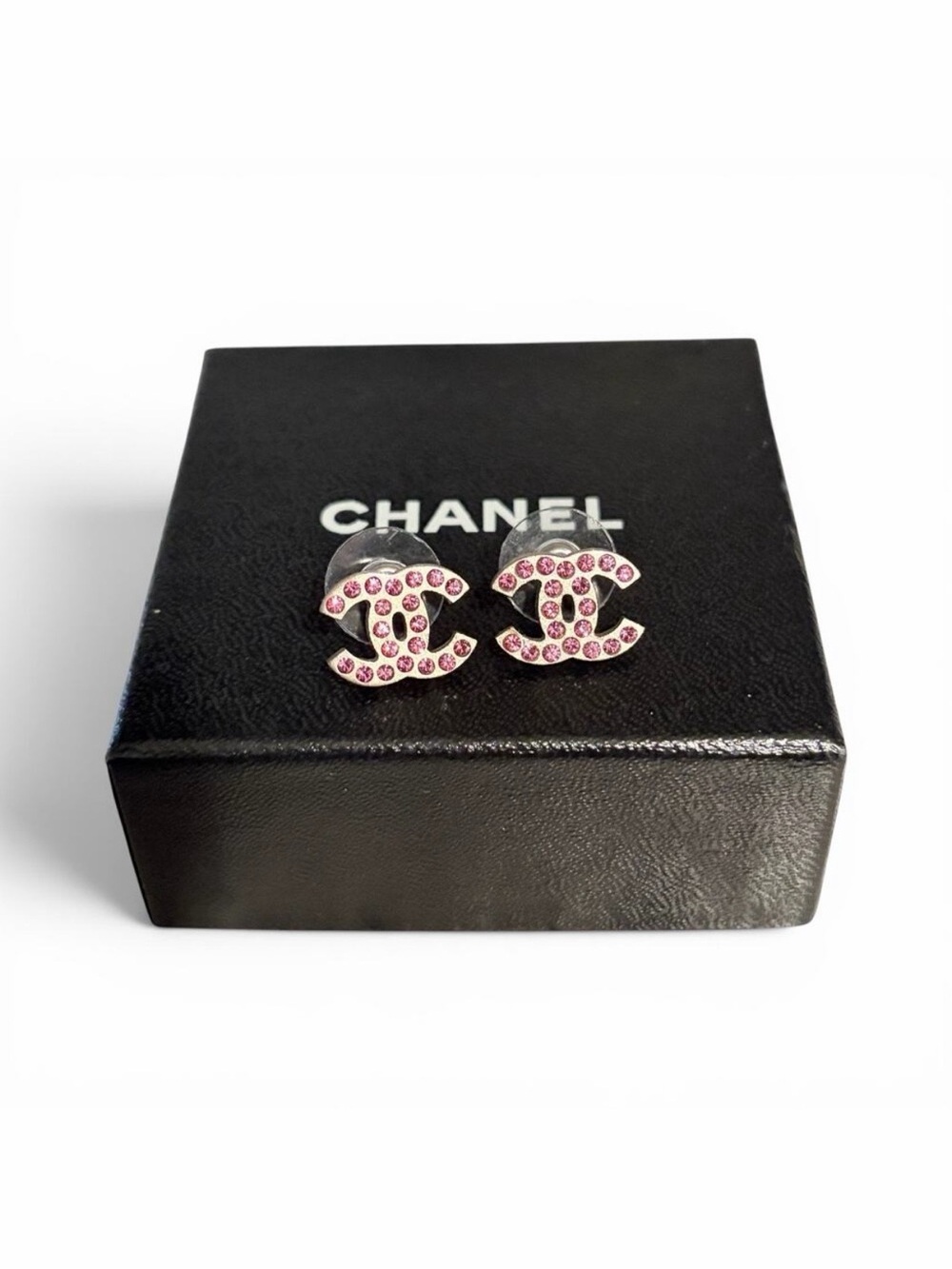 Chanel Pink Crystal CC Stud Earrings Brushed Gold Tone Pierced Authentic w/ Box